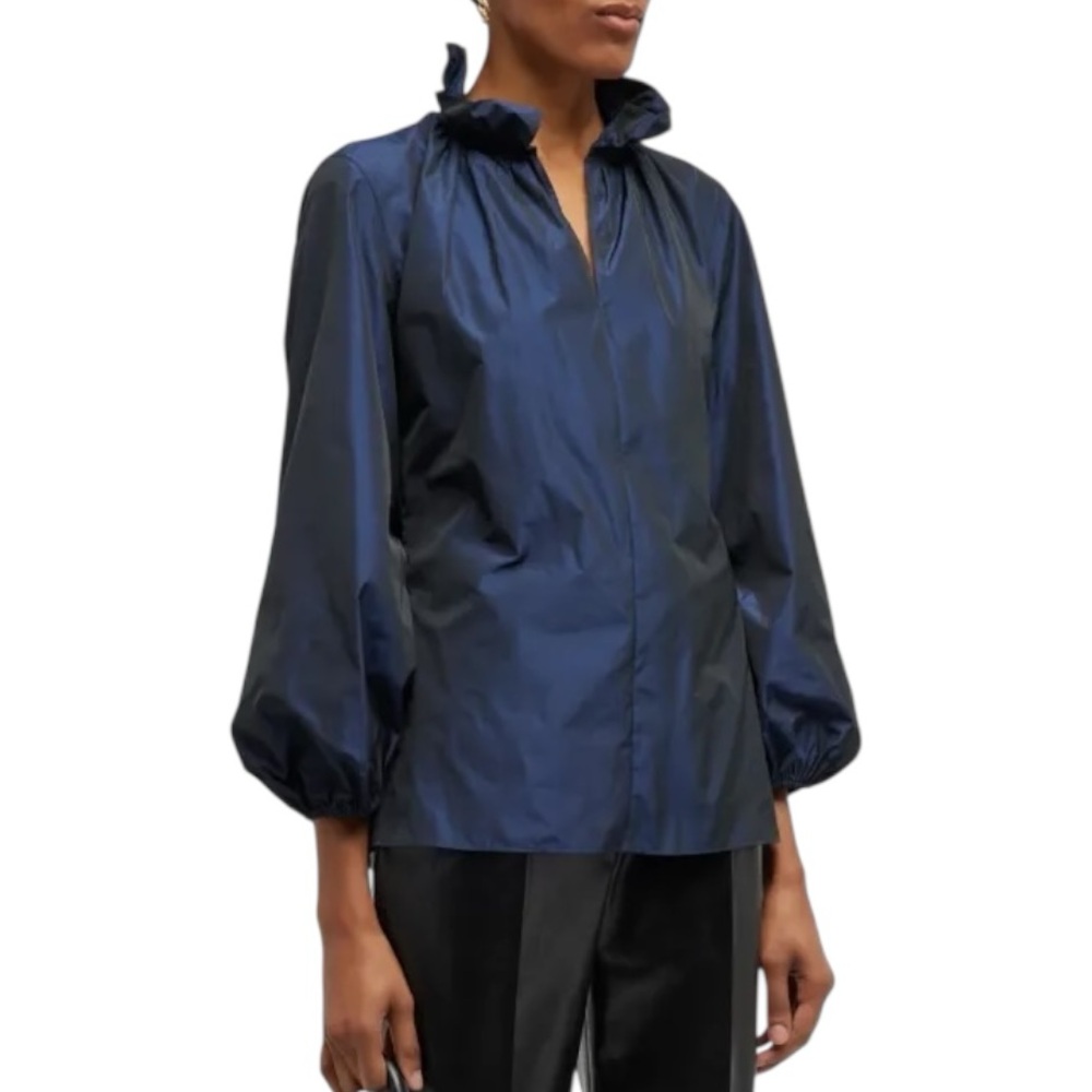 Akris Punto Navy Blue Taffeta Ruffle Collared Puff Sleeve Blouse - S